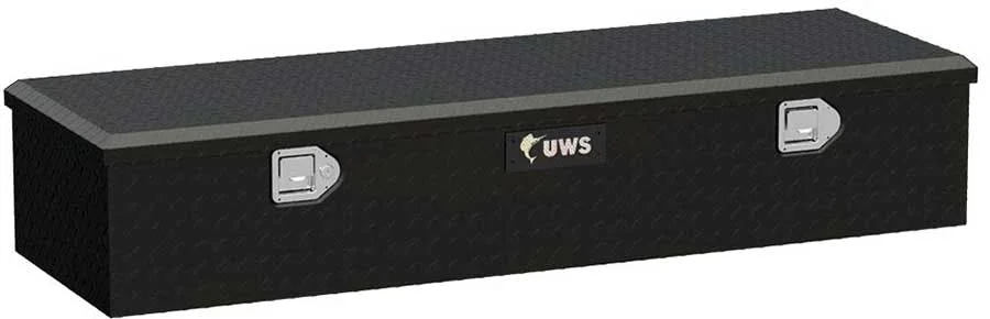 Black UWS 34-inch trailer tongue box with silver latches and hinged lid mounted horizontally