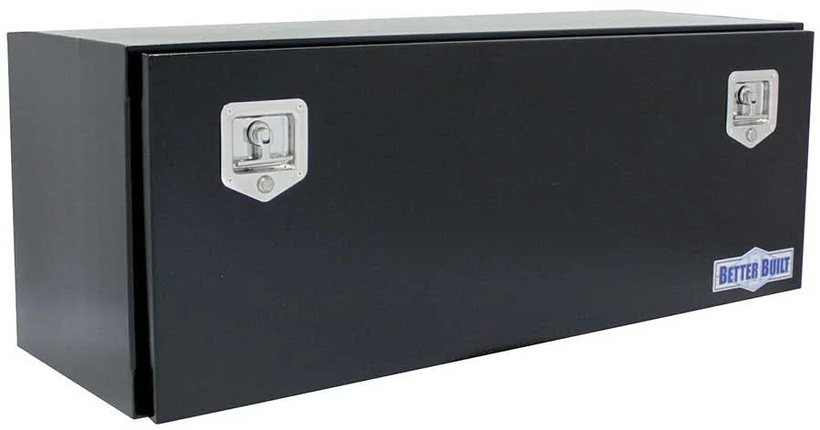 Black rectangular tool box with chrome latches and Better Built branding, designed to mount under a truck bed or behind a