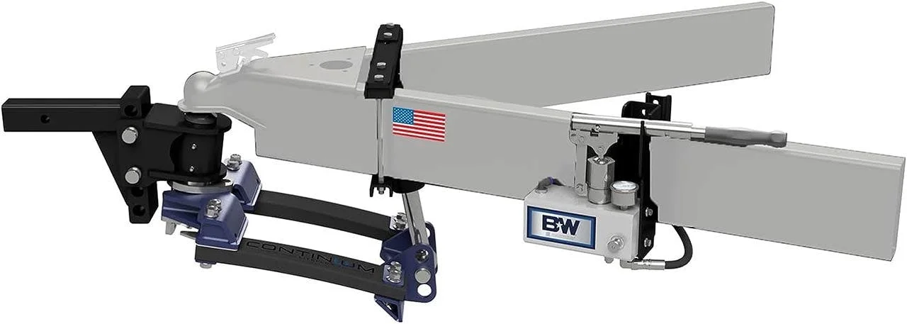 B&W weight distribution hitch with dual spring arms and sway control mounted on truck frame with gray components