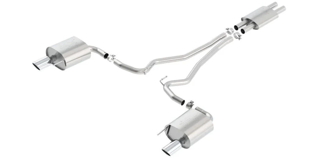 Stainless steel cat-back exhaust system with curved pipes, mufflers, and dual exit tips against white background