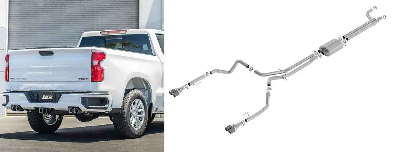 Stainless steel cat-back exhaust system with dual pipes and muffler, shown separately and installed on white pickup truck