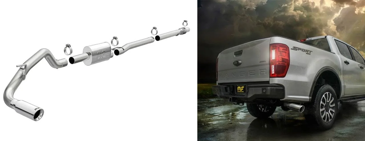 Sectional view of stainless steel cat-back exhaust system with pipes and connecting rings alongside white pickup truck rear