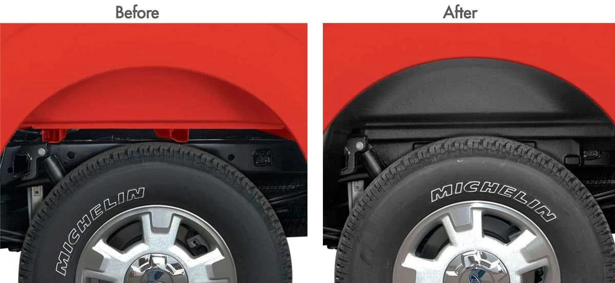 Red truck fender before and after installing black wheel well liner, showing improved coverage and protection around the