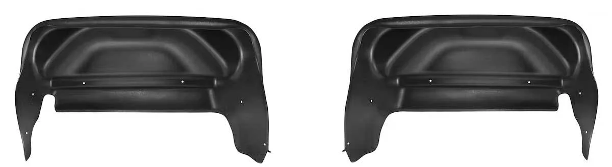 Black thermoplastic wheel well liners shown in a pair, displaying molded interior contours and mounting holes