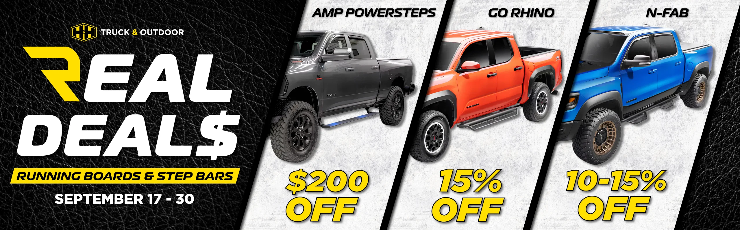 “Real Deals” on running boards and step bars from September 17–30. The graphic highlights AMP PowerSteps for $200 off, Go Rhino for 15% off, and N-Fab for 10–15% off, with images of three pickup trucks equipped with the products.