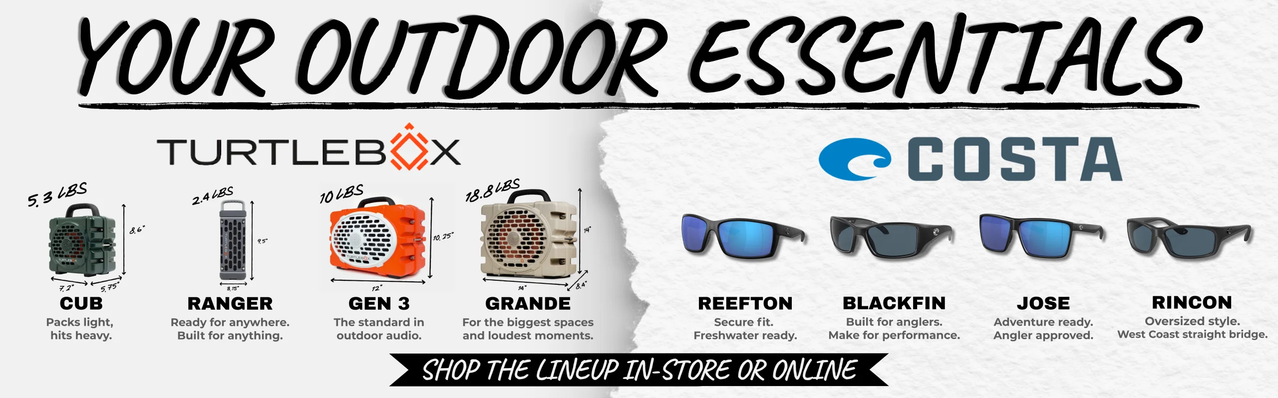 Graphic featuring four Costa sunglasses—Reefton, Blackfin, Jose, and Rincon—and four Turtlebox speakers—Cub, Ranger, Gen 3, and Grande.