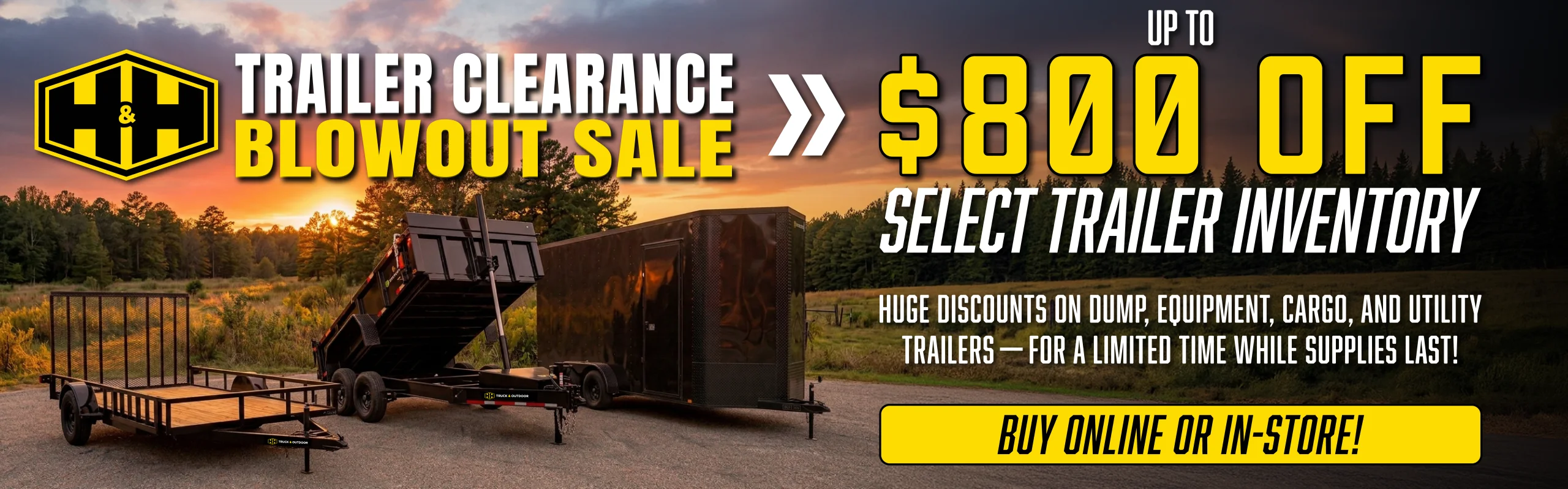 Promotional graphic advertising up to $800 off select trailer inventory, featuring dump, equipment, cargo, and utility trailers with a “Trailer Clearance Blowout Sale” message.