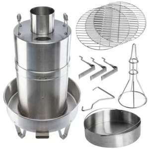 Original Orion Cooker stainless steel convection smoker shown with three cooking grates, three rib hangers, poultry stand, and drip pan