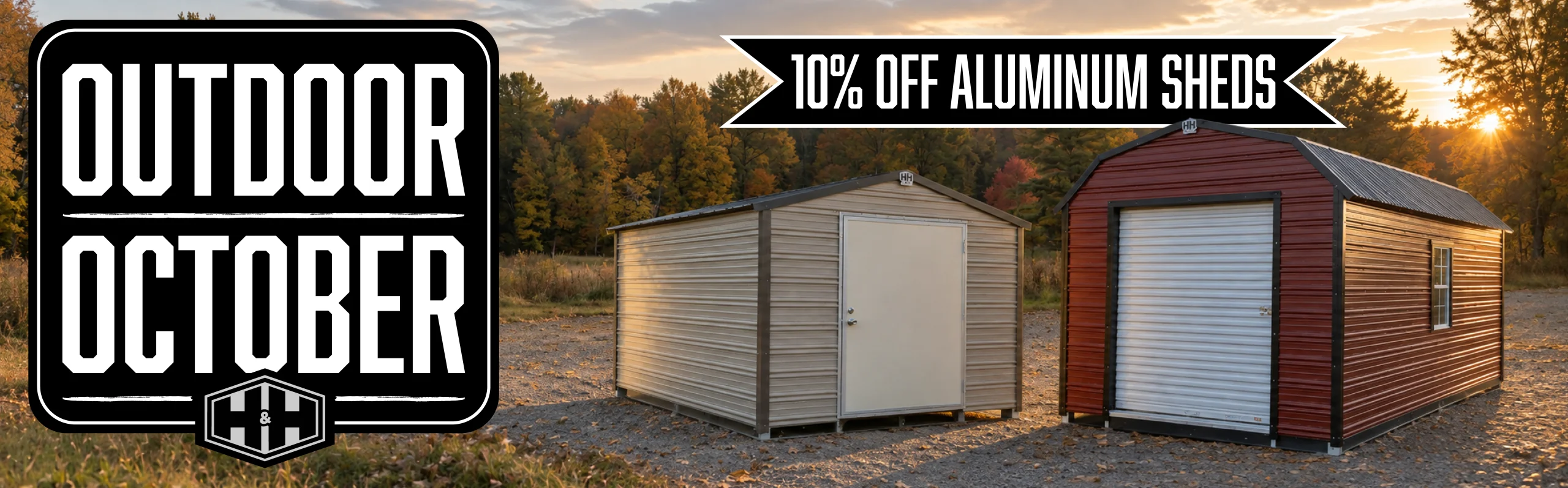 Red and tan aluminum shed on fall background for Outdoor October 10% off sale.