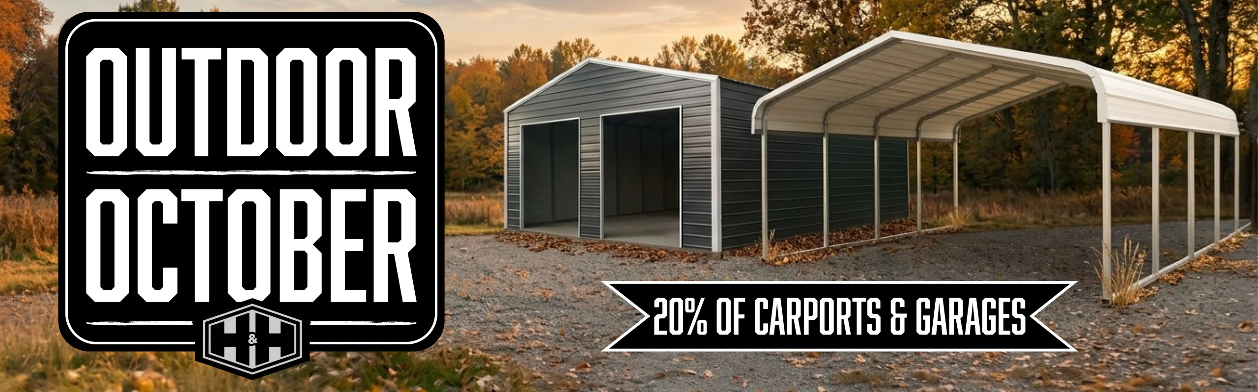 Two garages side by side on a fall background showcasing 20% off sale.