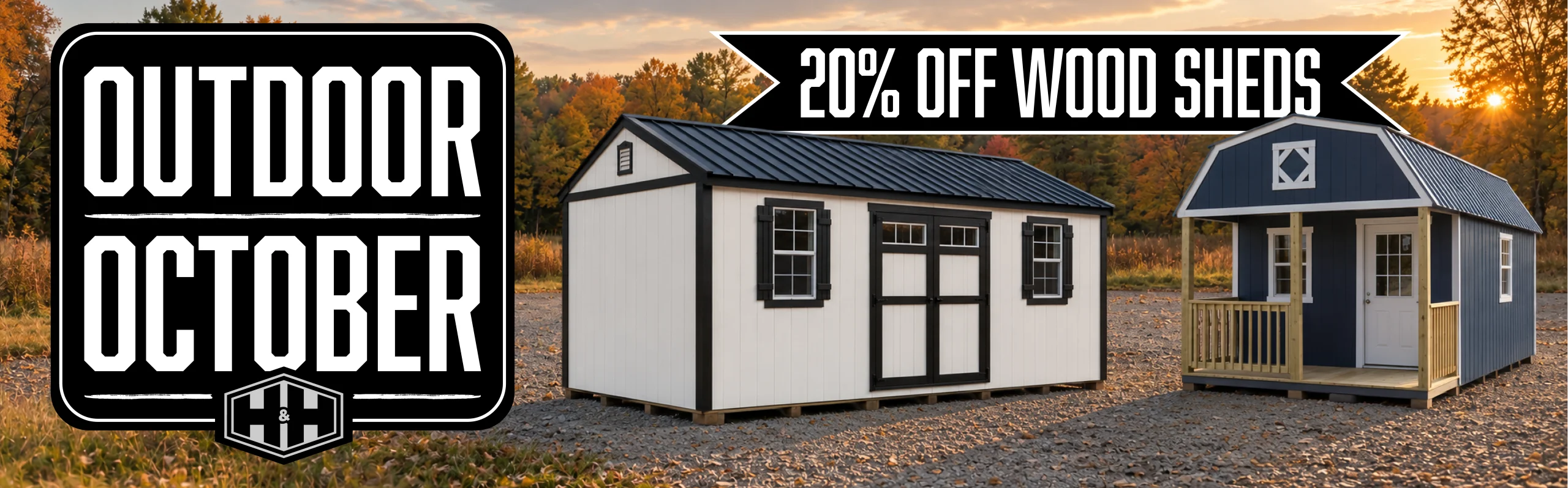 Two wood sheds on fall background for Outdoor October 20% off sale.