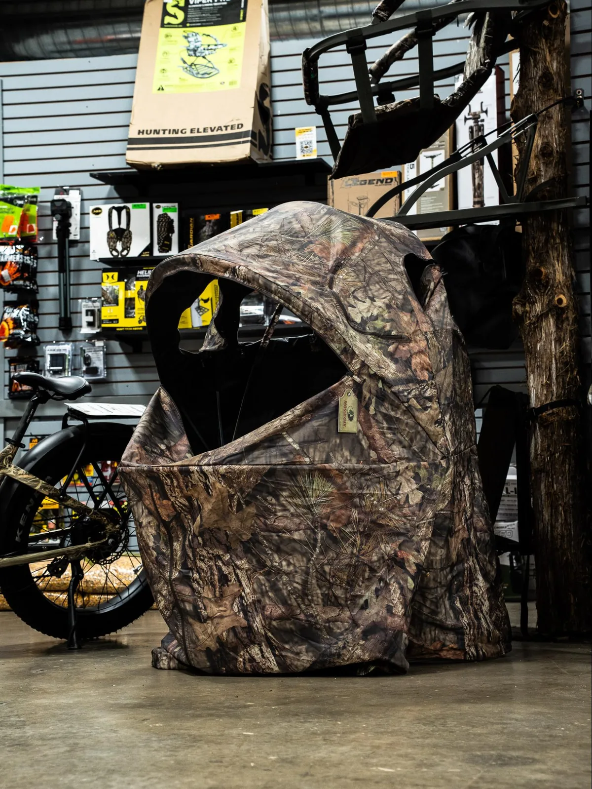 Mossy Oak pop-up ground blind on the sales floor at H&H Truck & Outdoor