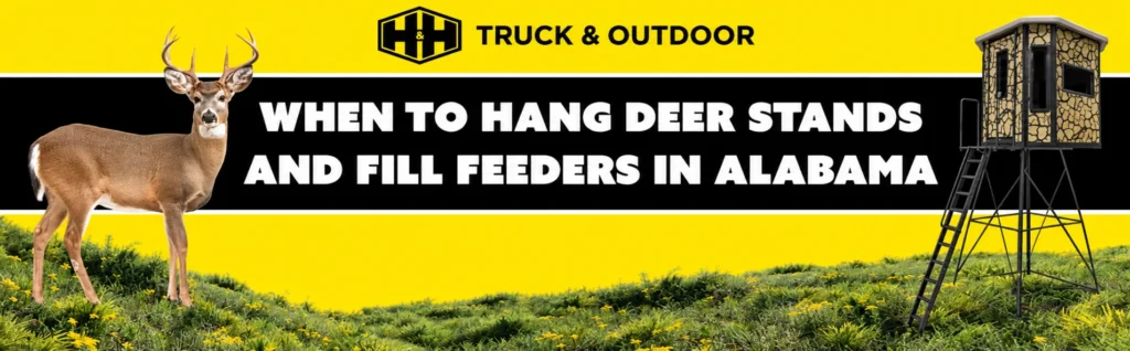 When to hang deer stands and fill feeders in Alabama, with a whitetail buck and an elevated shooting house