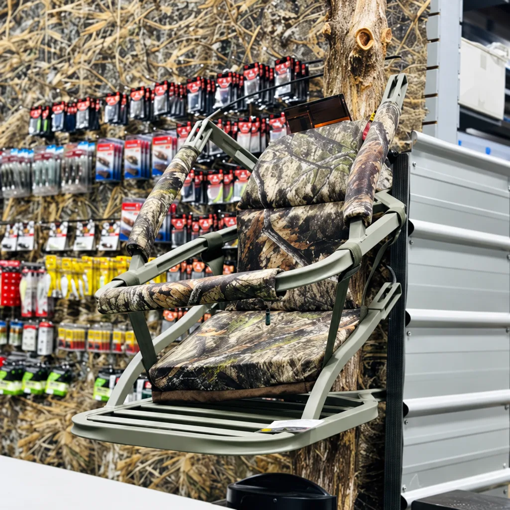 Camo hang-on tree stand on display at H&H Truck & Outdoor