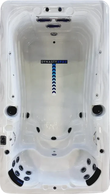 Overhead view of the 13 foot Aquex Pro Plus swim spa with its jets illuminated