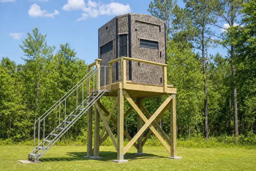 Shadow Hunter blind on a home-built treated-lumber tower with the steel stair and platform