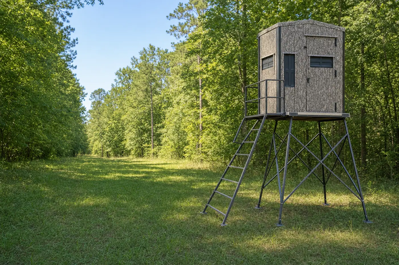 Shadow Hunter 6x6 Octagon blind elevated on a steel tower at the edge of Alabama pine timber