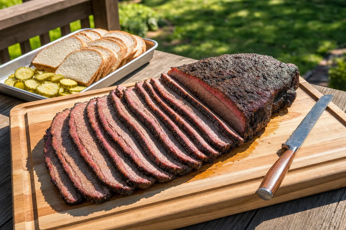 Sliced smoked beef brisket with a pink smoke ring on a carving board