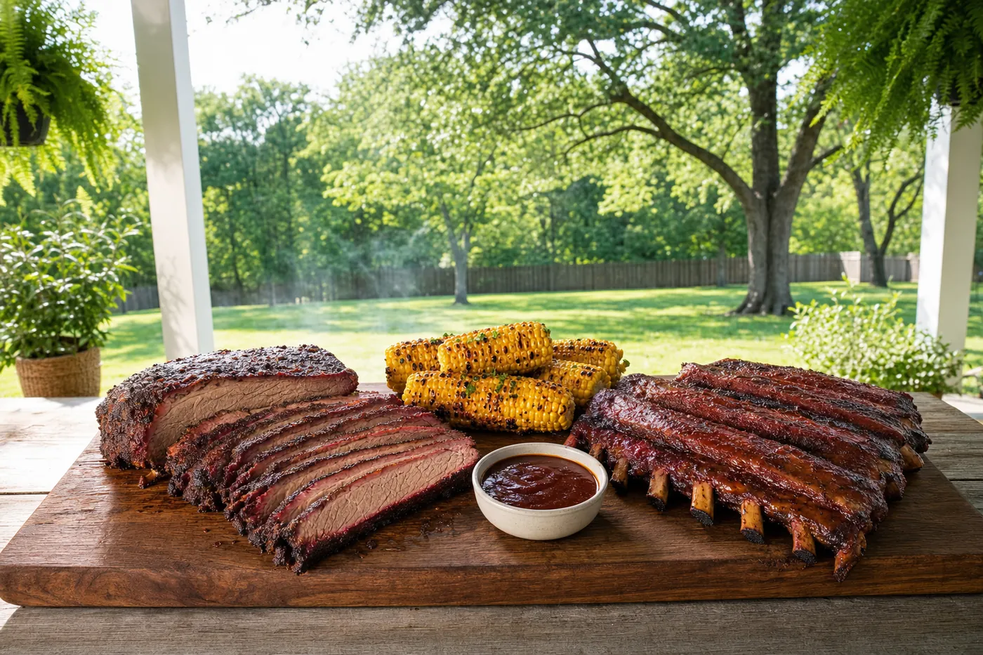 Sliced smoked brisket, pork ribs and grilled corn on a carving board on a Southern backyard patio