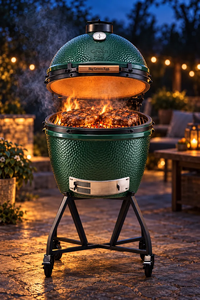 Big Green Egg kamado with the dome open, steaks searing over lump charcoal at dusk