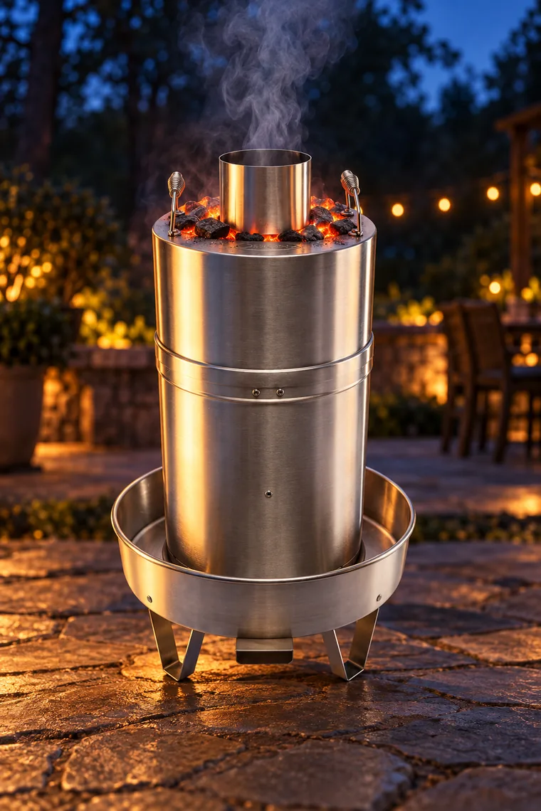 Orion Cooker with lit charcoal on the lid and smoke rising from the chimney at dusk
