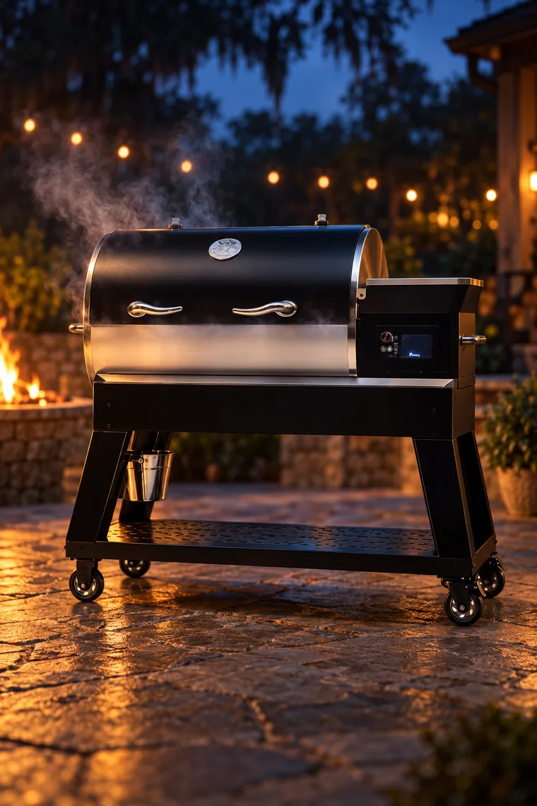 recteq pellet grill on a stone patio, controller screen glowing at dusk