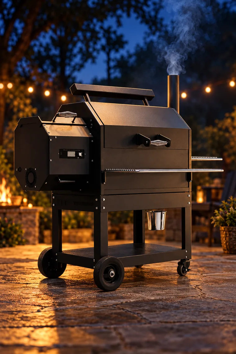Yoder Smokers pellet grill with wood smoke rising from the stack at dusk