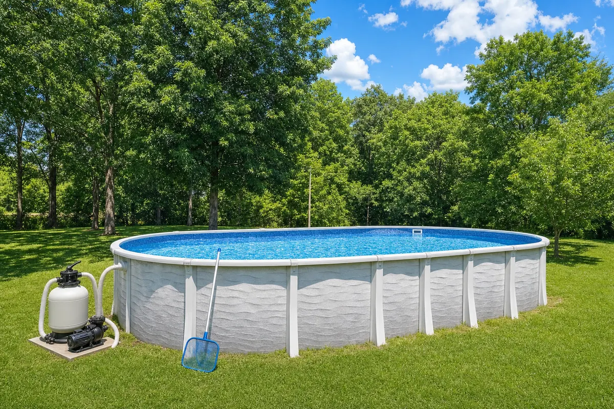 H&H above ground pool in a backyard with its sand filter, pump and skimmer net