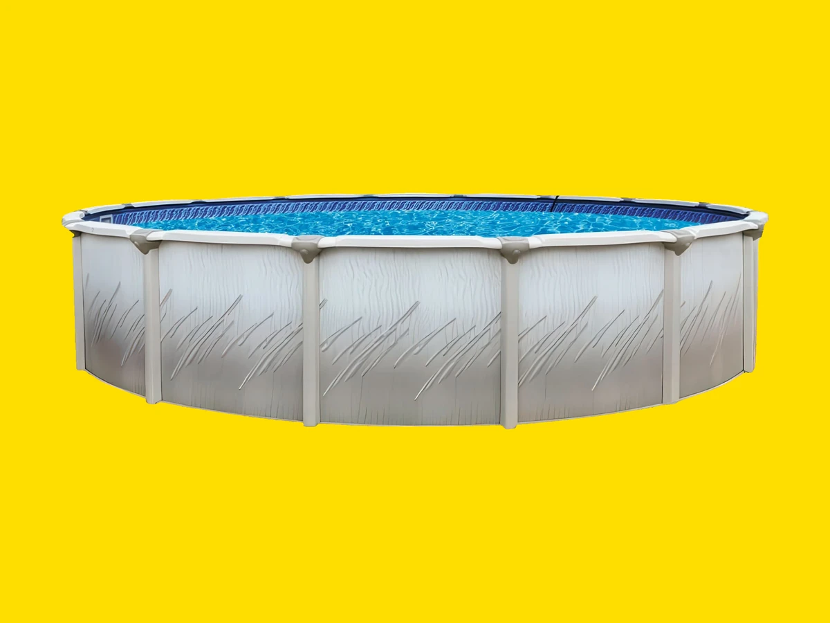H&H round above ground pool with a cream steel wall and gray resin top rail