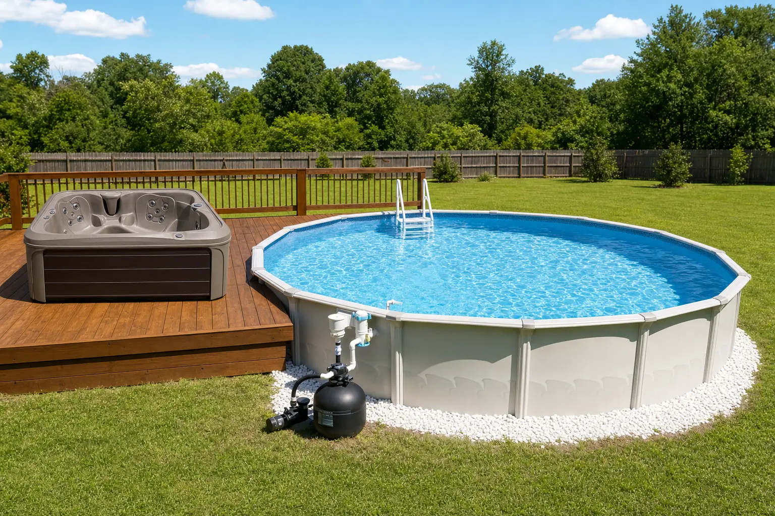 An H&H above ground pool beside a hot tub on a wood deck in a sunny fenced backyard
