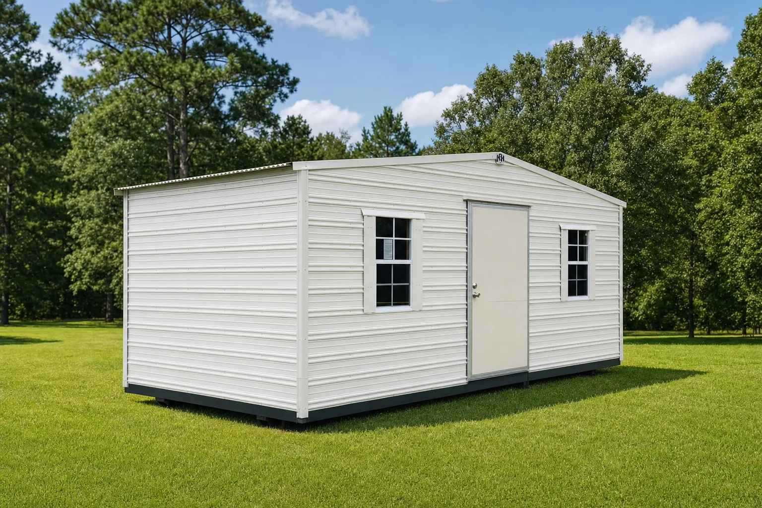 Colonial White H&H aluminum storage shed with ribbed panels, a walk-in door and two windows, standing on a mown lawn