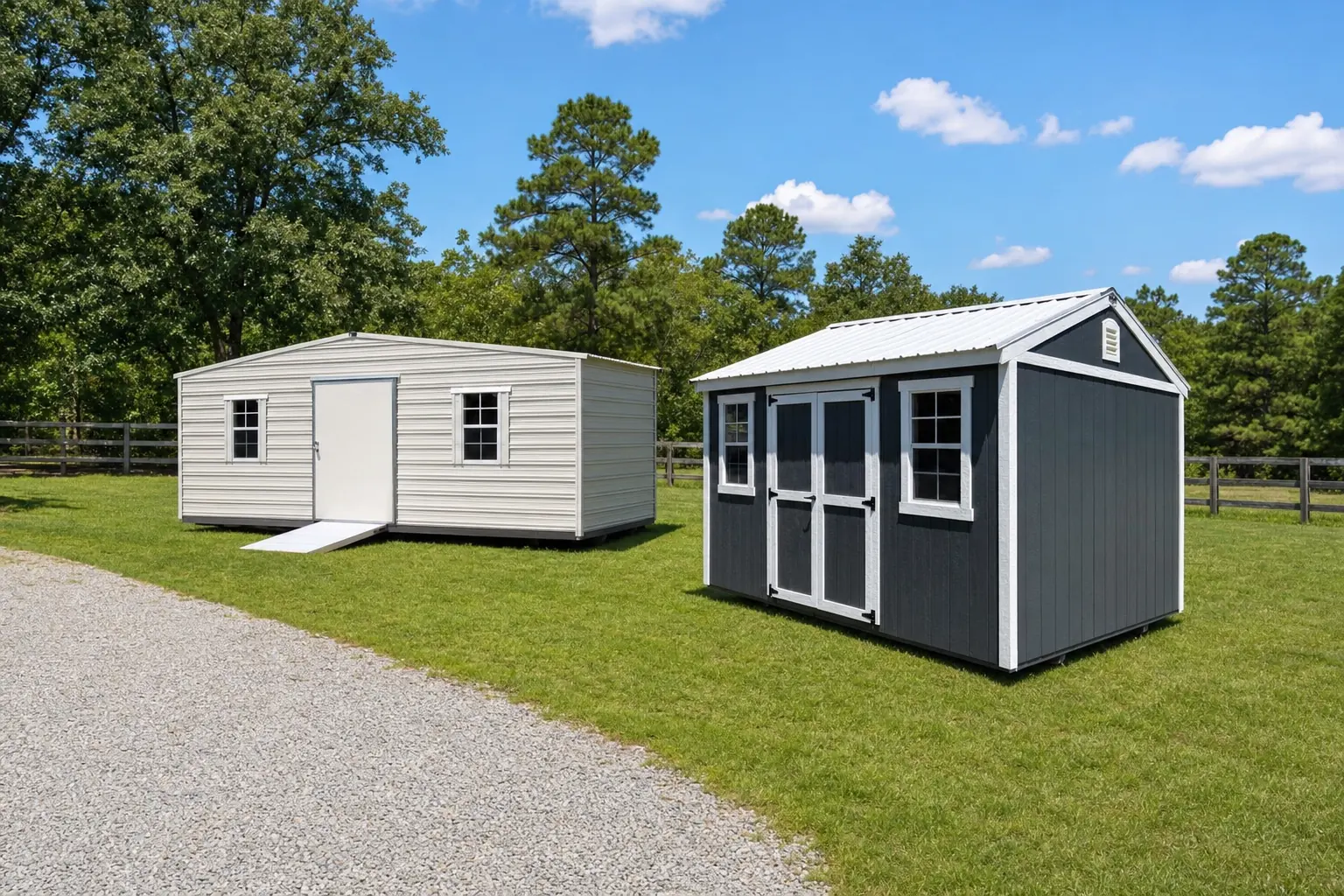 A charcoal wood storage shed and a cream aluminum storage shed standing side by side on a mown lot