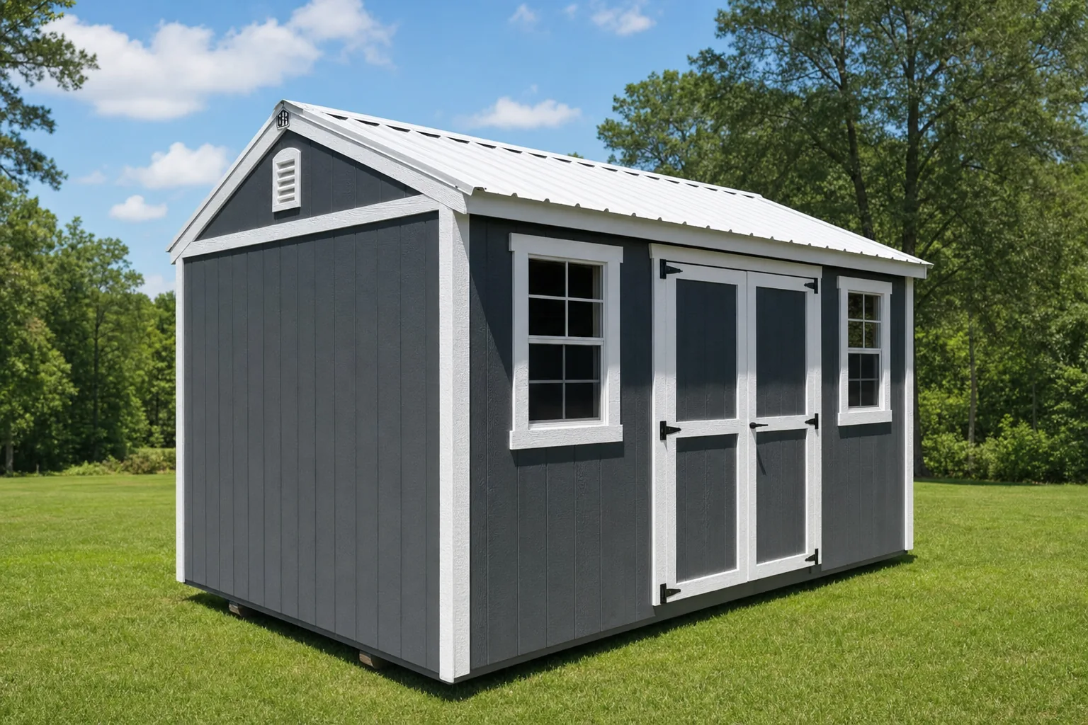 Charcoal H&H wood storage shed with white trim, a white metal roof and double barn doors, standing on a mown lawn