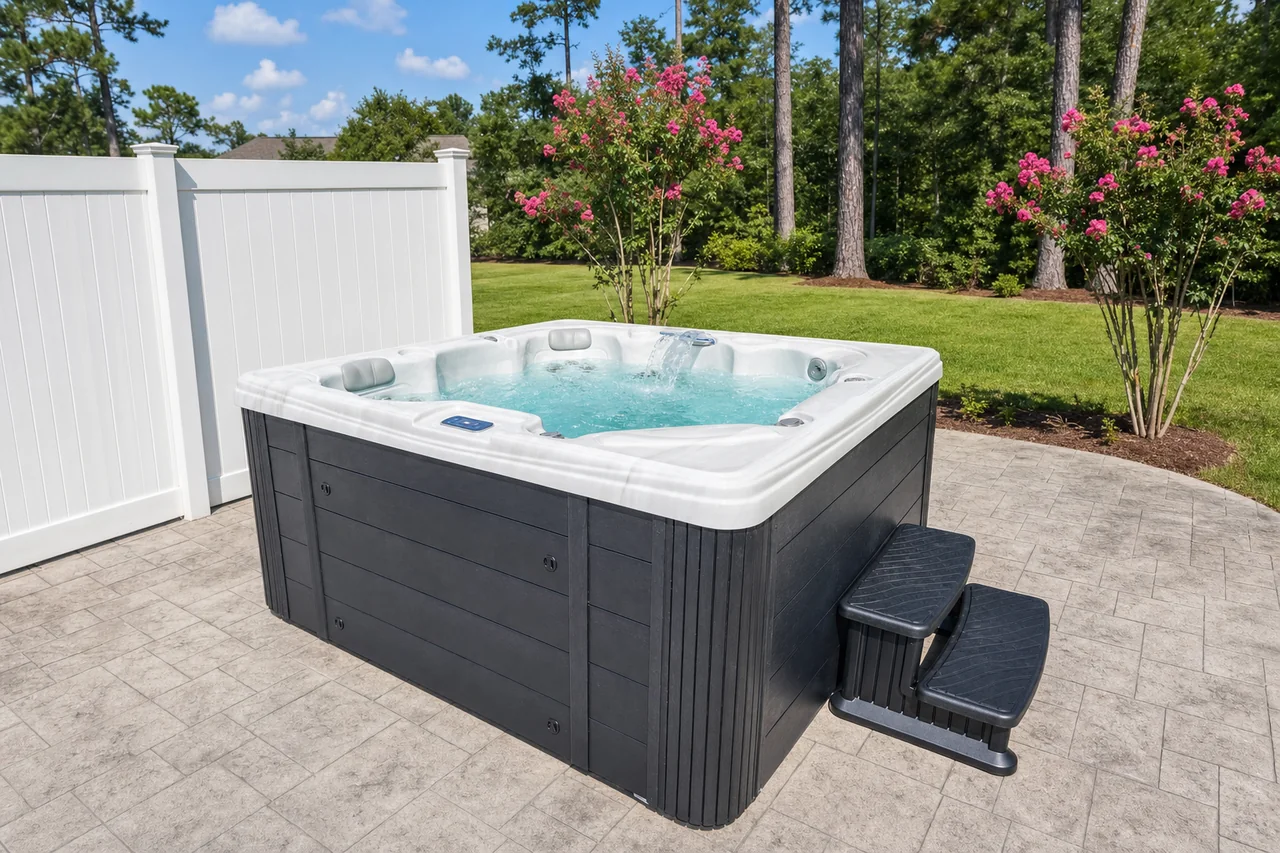 Dynasty hot tub with a charcoal cabinet installed on a stamped-concrete patio in a sunlit Alabama backyard