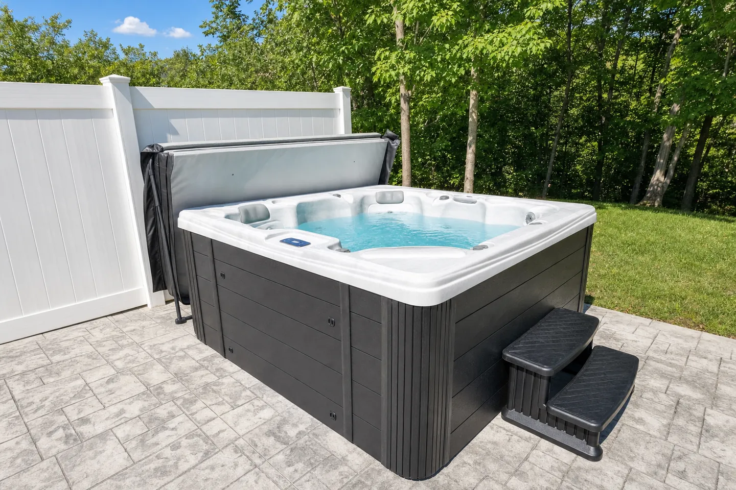H&H hot tub on a patio with the cover folded back on its lifter and the topside control panel in view