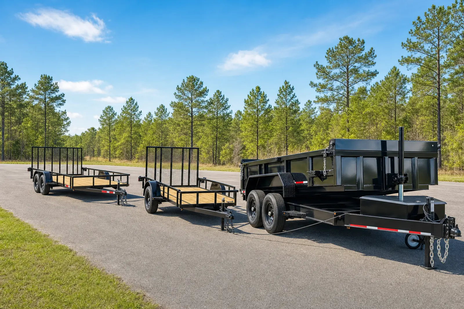 Dump and utility trailers lined up on an H&H Truck & Outdoor lot