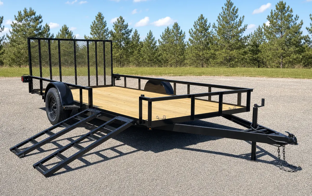 Black single-axle utility trailer with a wood deck and fold-down loading ramps on an H&H lot